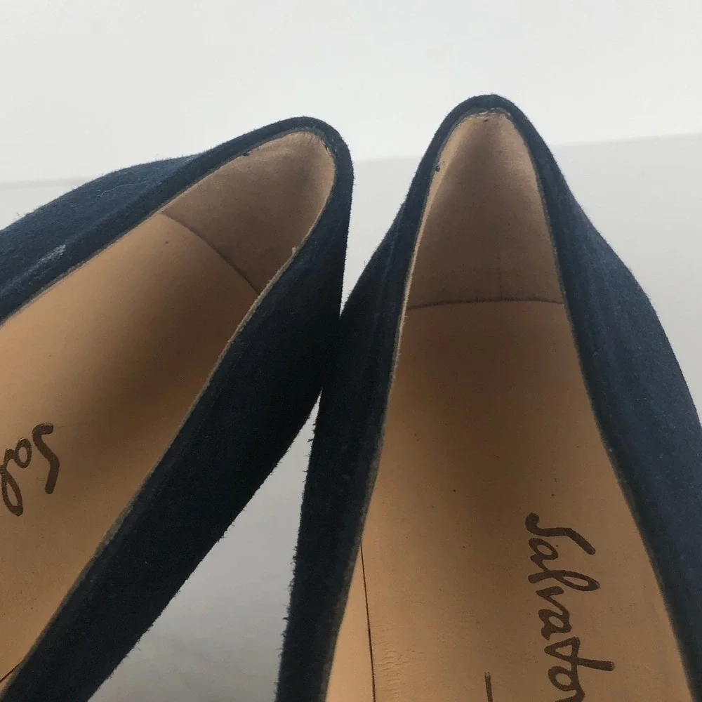 Salvatore Ferragamo Boutique Suede Square Toe Block Heel Pumps Sz 7 2A Navy Blue